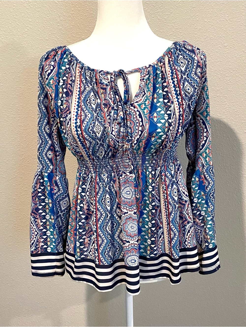 Boston Proper Navy Blue Multicolor Smocked Peasant Blouse with Tie
